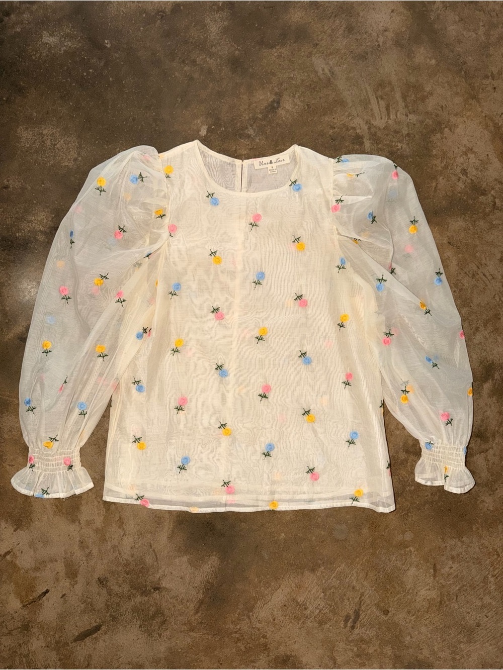 Vine & Love Embroidered Floral Mesh Puff Sleeve Blouse S Preppy Feminine Brunch